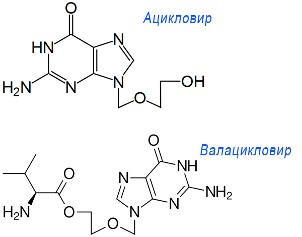 Ацикловир и Валацикловир (структурные формулы) Ацикловир и Валацикловир (структурные формулы)